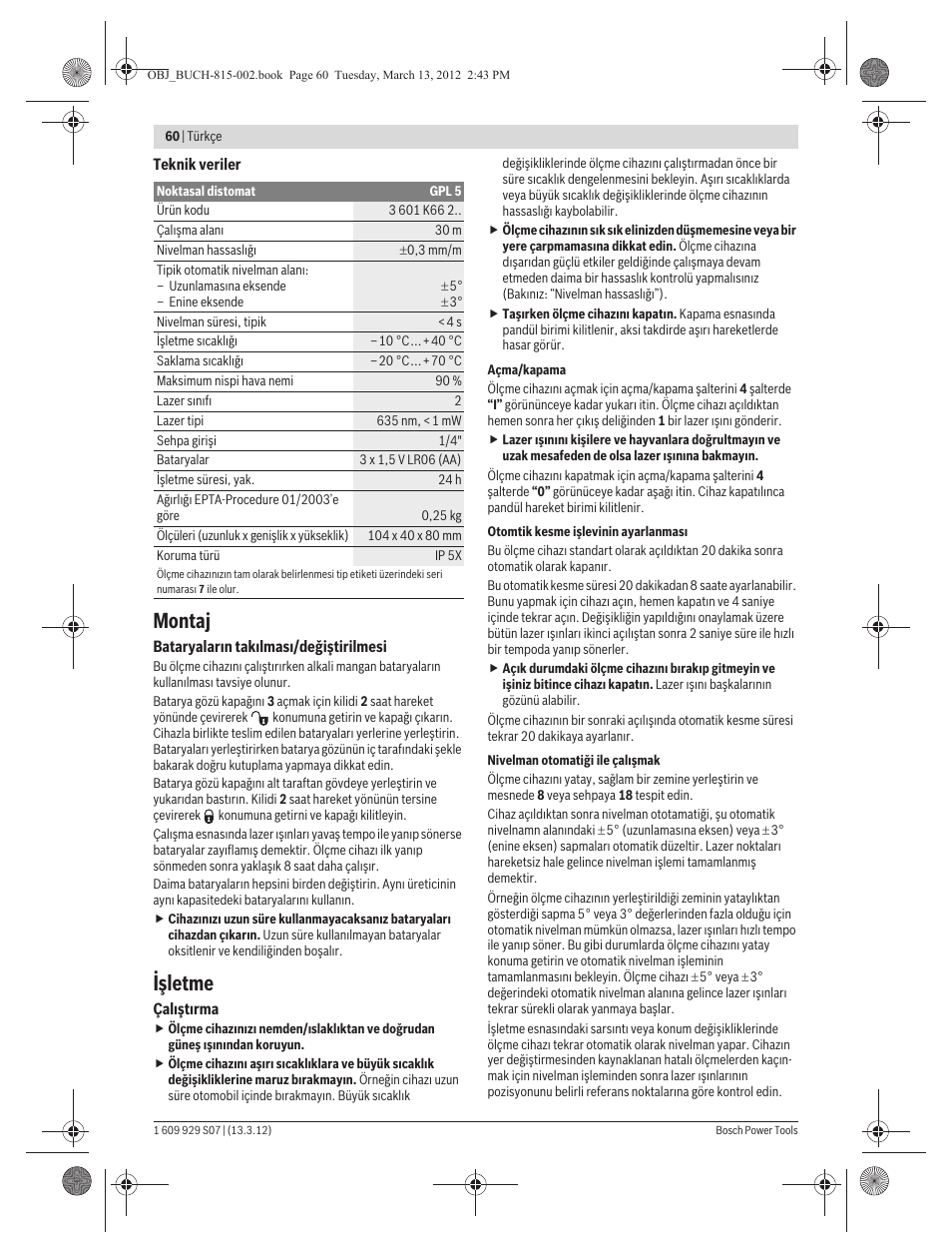 Montaj, Işletme | Bosch GPL 5 Professional User Manual | Page 60 / 162