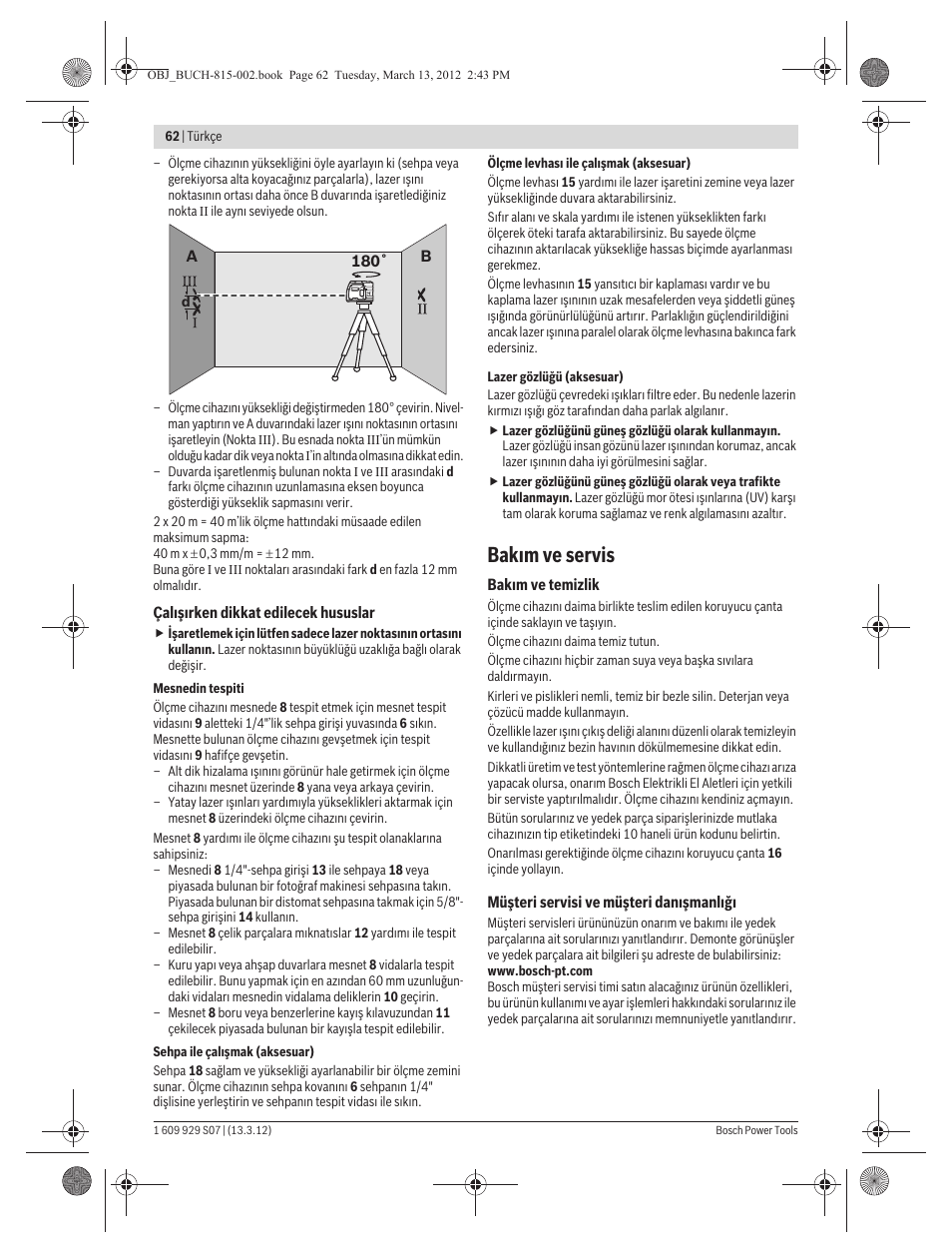 Bak m ve servis | Bosch GPL 5 Professional User Manual | Page 62 / 162