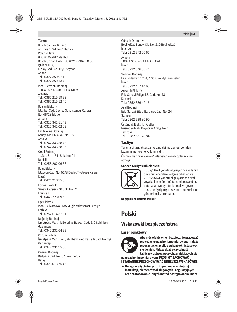 Polski, Wskazówki bezpieczeństwa | Bosch GPL 5 Professional User Manual | Page 63 / 162