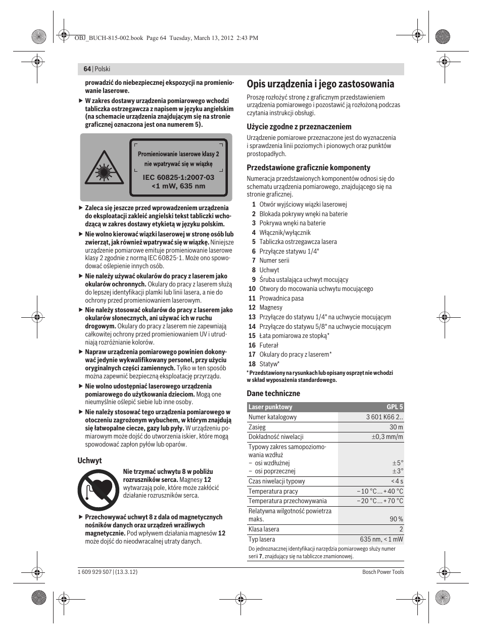 Opis urządzenia i jego zastosowania | Bosch GPL 5 Professional User Manual | Page 64 / 162