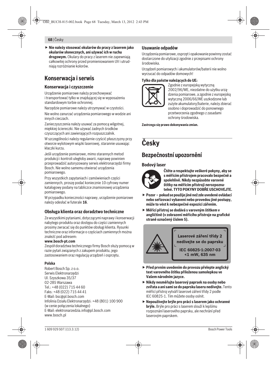 Česky, Konserwacja i serwis, Bezpečnostní upozornění | Bosch GPL 5 Professional User Manual | Page 68 / 162