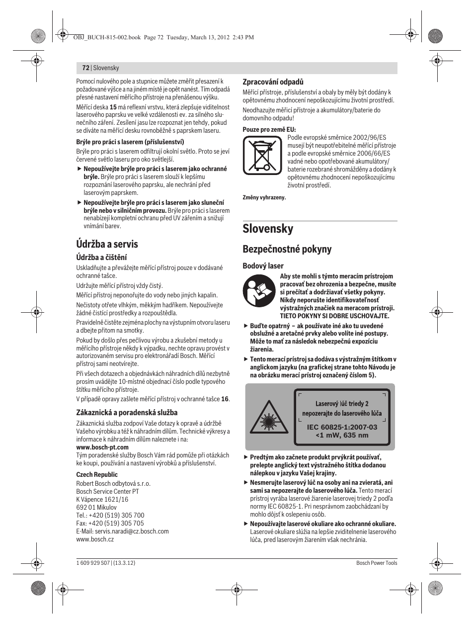 Slovensky, Údržba a servis, Bezpečnostné pokyny | Bosch GPL 5 Professional User Manual | Page 72 / 162