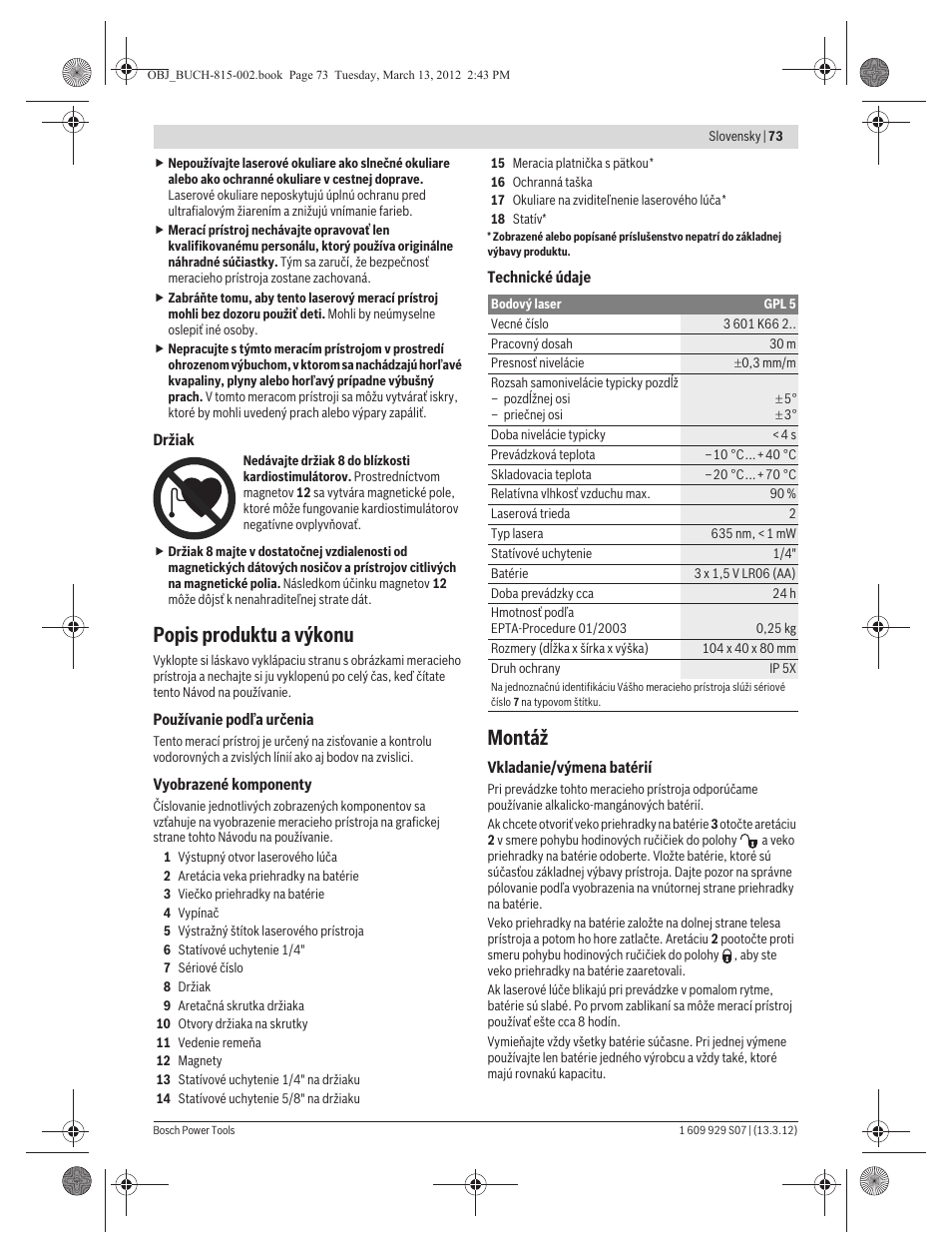 Popis produktu a výkonu, Montáž | Bosch GPL 5 Professional User Manual | Page 73 / 162