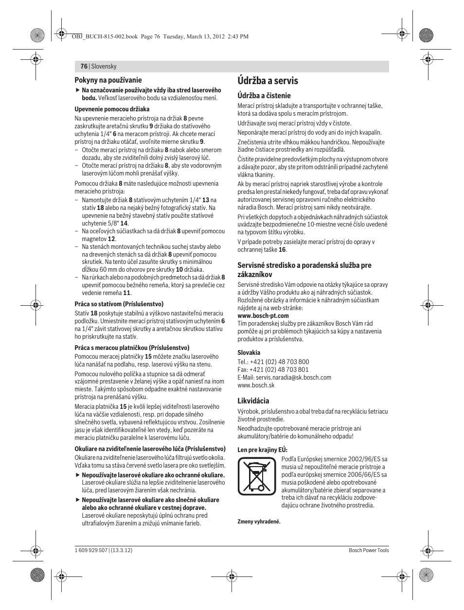 Údržba a servis | Bosch GPL 5 Professional User Manual | Page 76 / 162