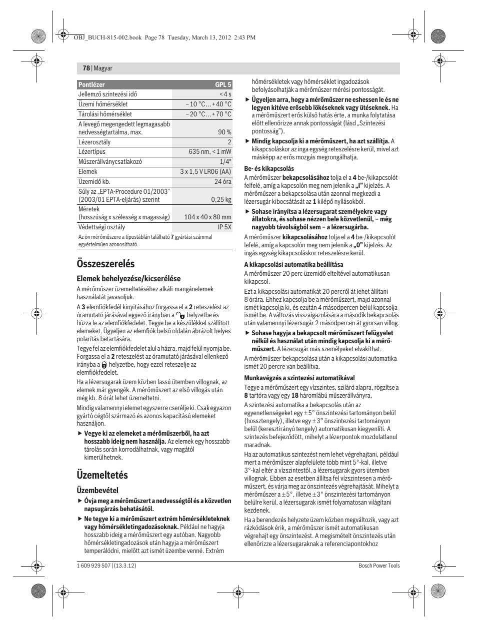 Összeszerelés, Üzemeltetés | Bosch GPL 5 Professional User Manual | Page 78 / 162