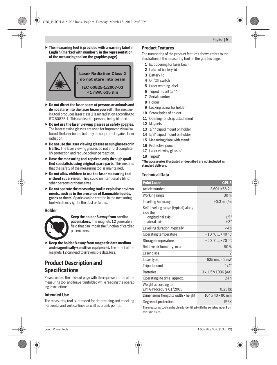 Product description and specifications | Bosch GPL 5 Professional User Manual | Page 9 / 162