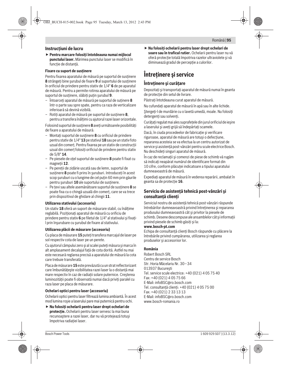 Întreţinere şi service | Bosch GPL 5 Professional User Manual | Page 95 / 162