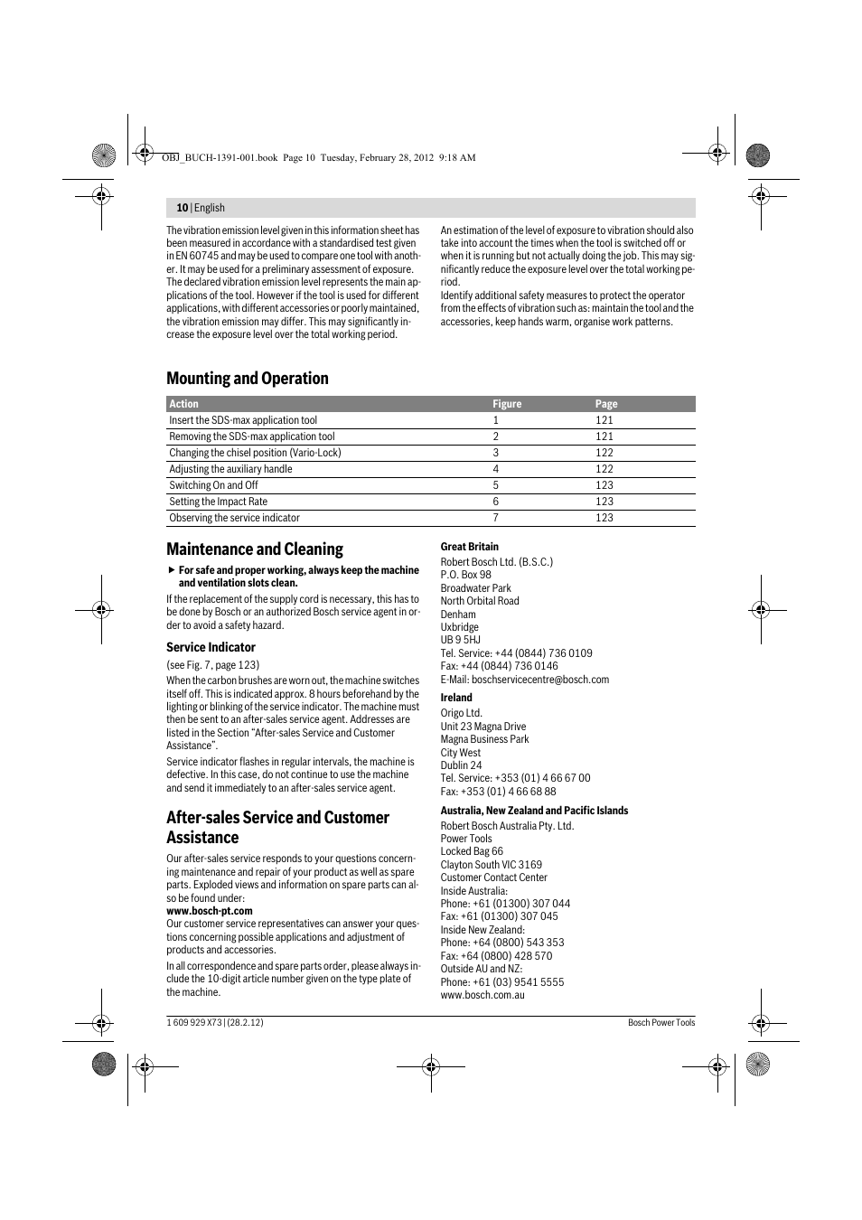 Mounting and operation maintenance and cleaning, After-sales service and customer assistance | Bosch GSH 11 VC Professional User Manual | Page 10 / 123