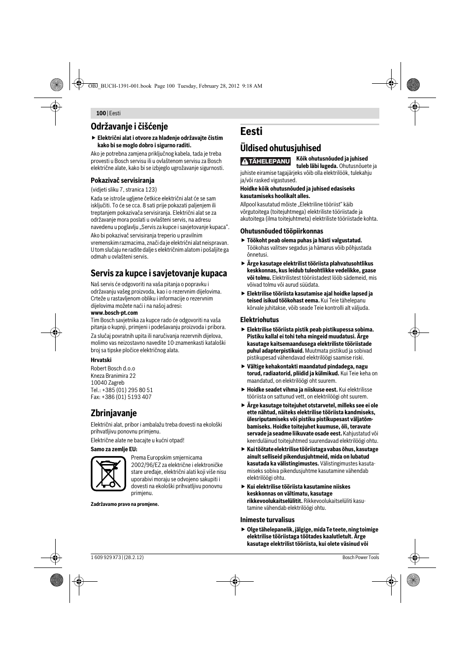 Eesti, Održavanje i čišćenje, Servis za kupce i savjetovanje kupaca | Zbrinjavanje, Üldised ohutusjuhised | Bosch GSH 11 VC Professional User Manual | Page 100 / 123