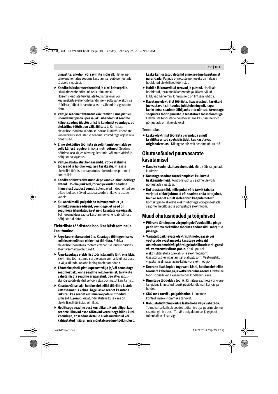 Ohutusnõuded puurvasarate kasutamisel, Muud ohutusnõuded ja tööjuhised | Bosch GSH 11 VC Professional User Manual | Page 101 / 123