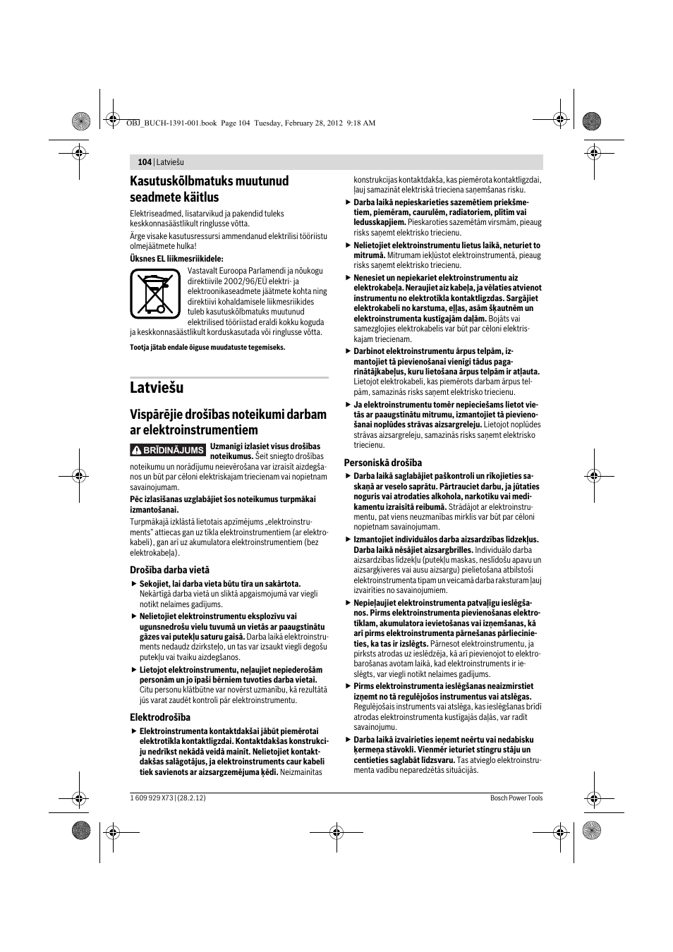 Latviešu, Kasutuskõlbmatuks muutunud seadmete käitlus | Bosch GSH 11 VC Professional User Manual | Page 104 / 123