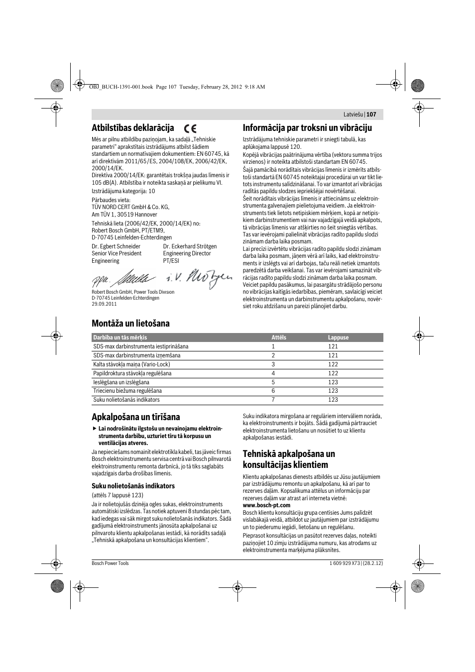 Atbilstības deklarācija, Informācija par troksni un vibrāciju, Montāža un lietošana apkalpošana un tīrīšana | Tehniskā apkalpošana un konsultācijas klientiem | Bosch GSH 11 VC Professional User Manual | Page 107 / 123