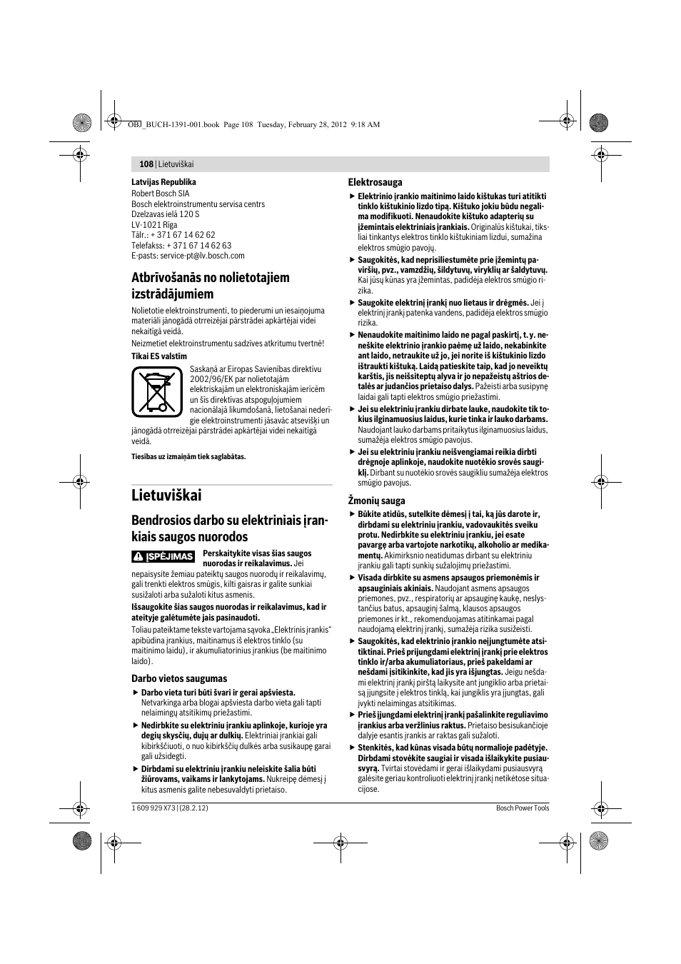 Lietuviškai, Atbrīvošanās no nolietotajiem izstrādājumiem | Bosch GSH 11 VC Professional User Manual | Page 108 / 123