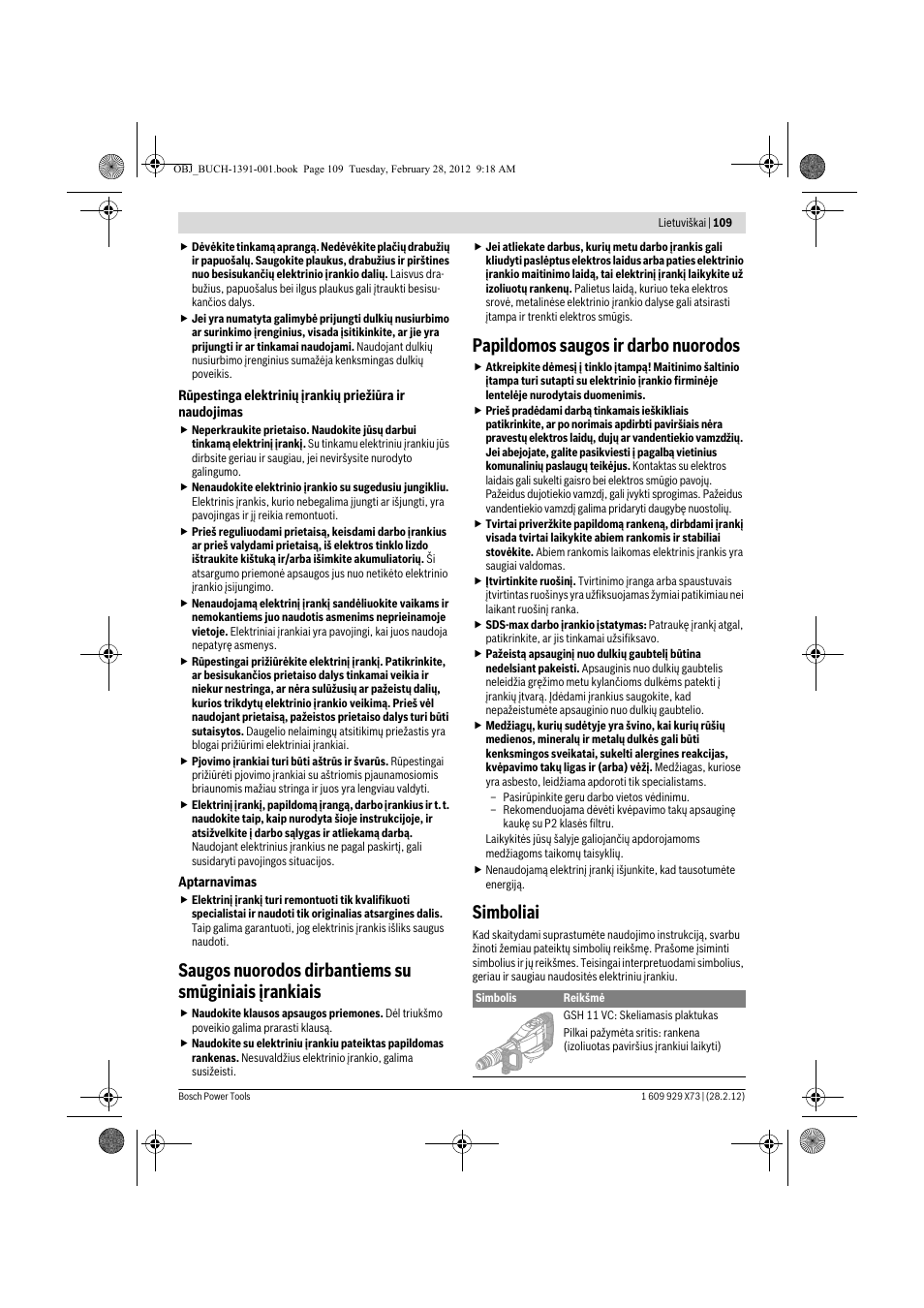 Papildomos saugos ir darbo nuorodos, Simboliai | Bosch GSH 11 VC Professional User Manual | Page 109 / 123