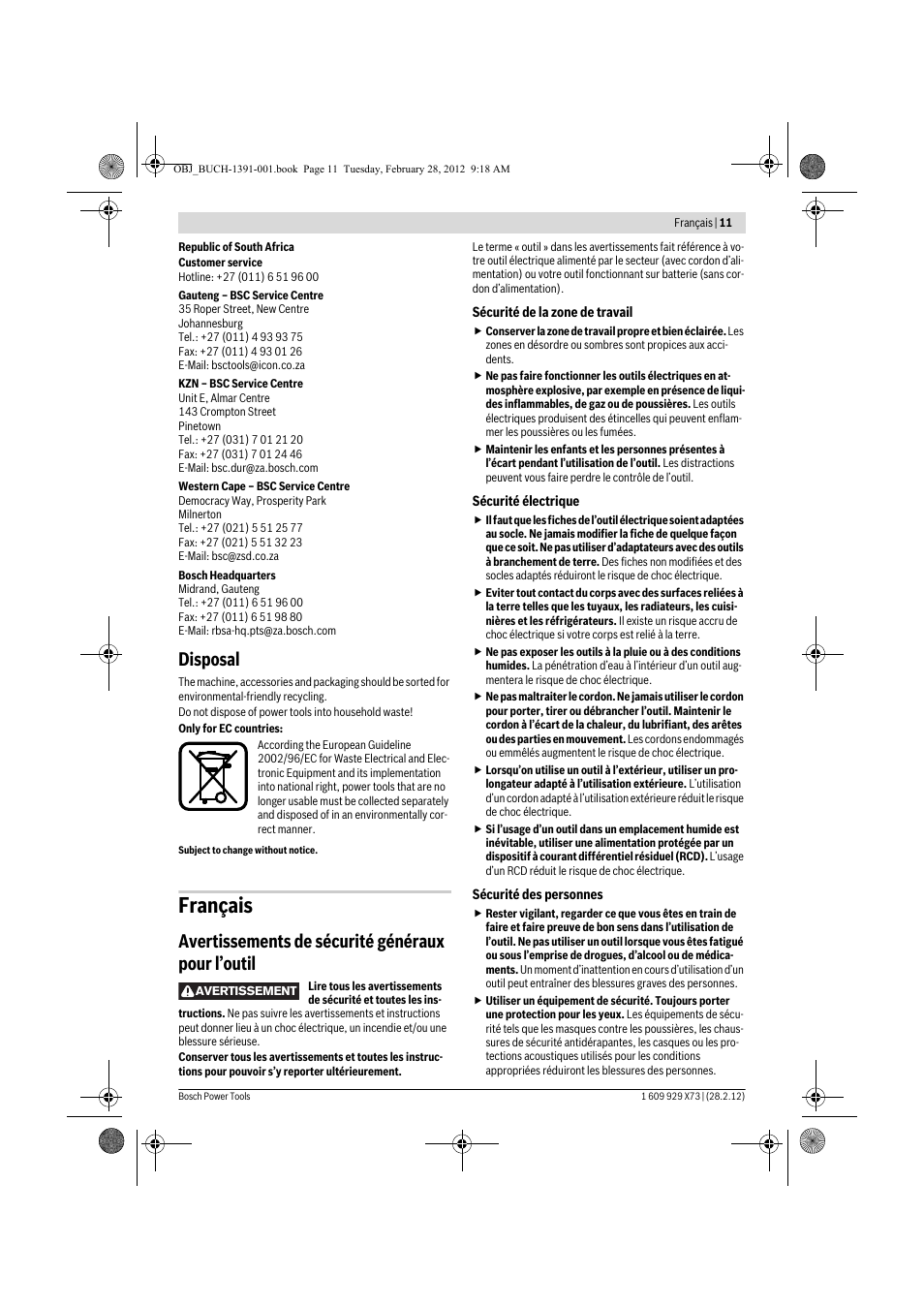 Français, Disposal, Avertissements de sécurité généraux pour l’outil | Bosch GSH 11 VC Professional User Manual | Page 11 / 123