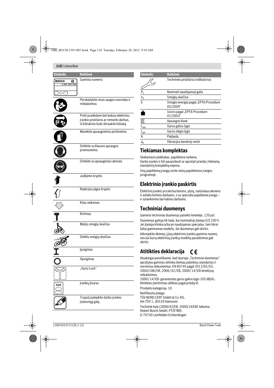 Tiekiamas komplektas, Elektrinio įrankio paskirtis, Techniniai duomenys | Atitikties deklaracija | Bosch GSH 11 VC Professional User Manual | Page 110 / 123