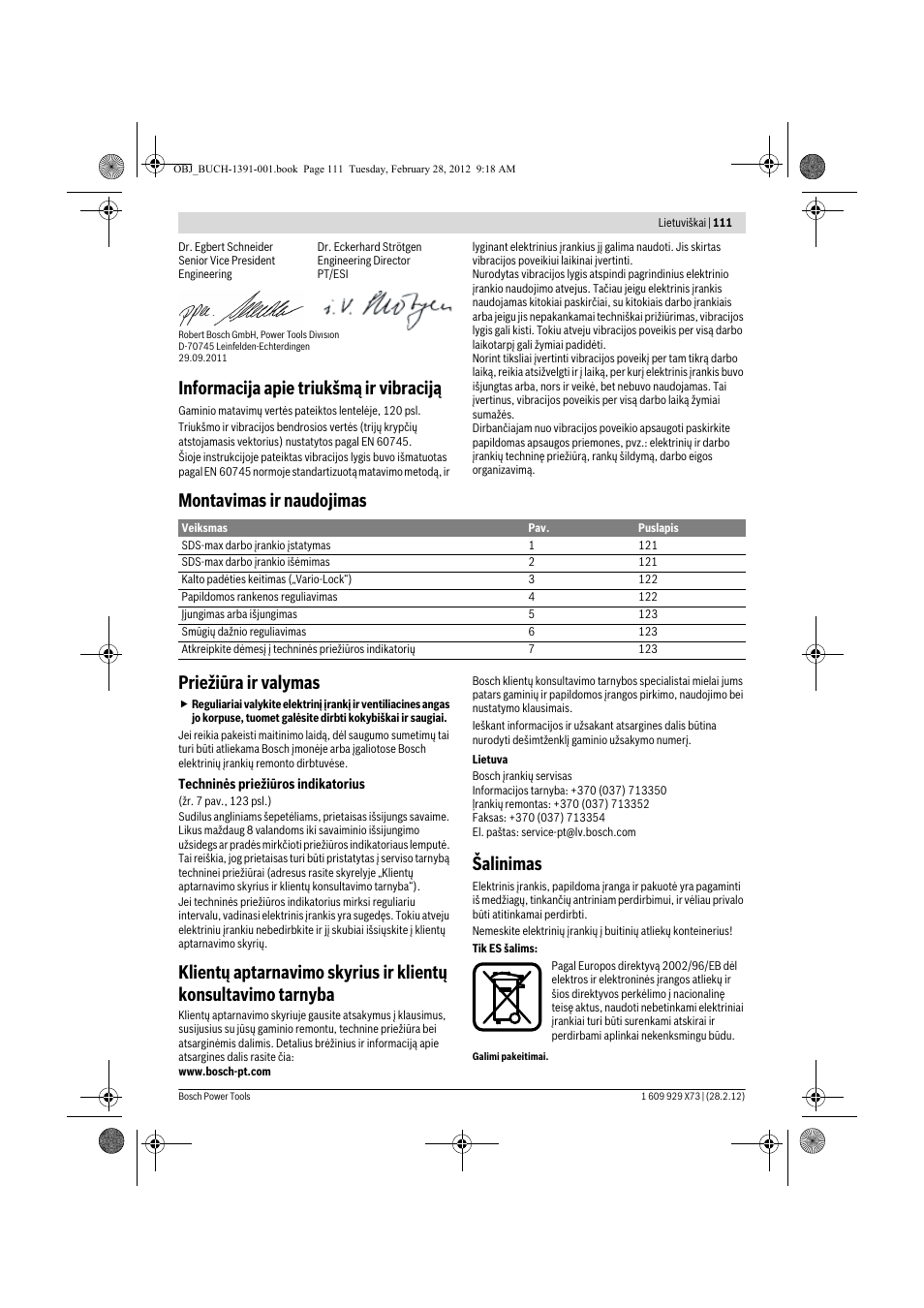 Informacija apie triukšmą ir vibraciją, Montavimas ir naudojimas priežiūra ir valymas, Šalinimas | Bosch GSH 11 VC Professional User Manual | Page 111 / 123