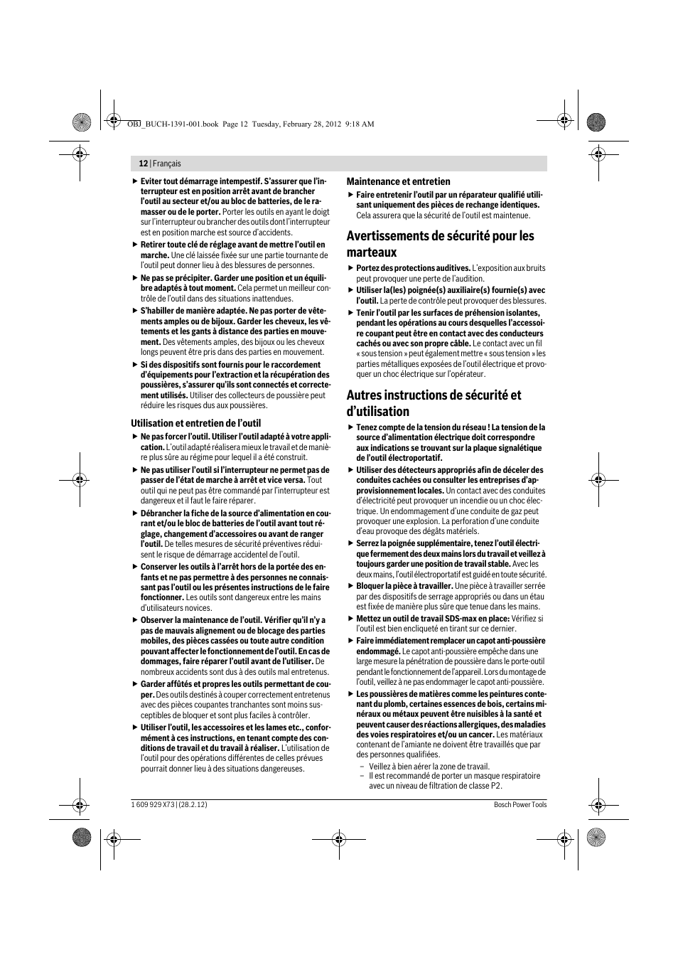 Avertissements de sécurité pour les marteaux, Autres instructions de sécurité et d’utilisation | Bosch GSH 11 VC Professional User Manual | Page 12 / 123