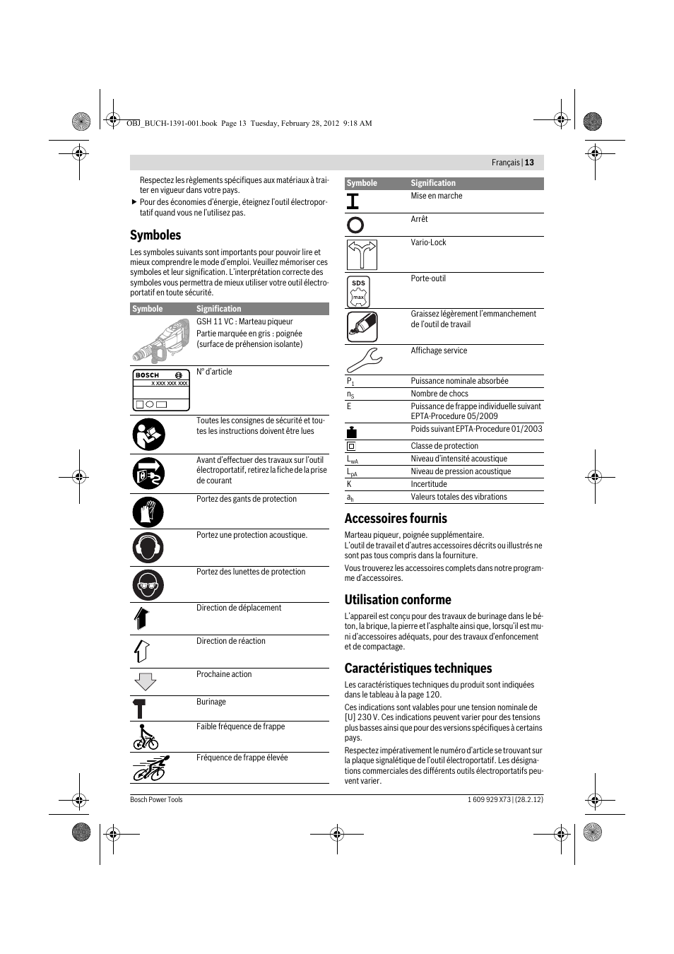 Symboles, Accessoires fournis, Utilisation conforme | Caractéristiques techniques | Bosch GSH 11 VC Professional User Manual | Page 13 / 123