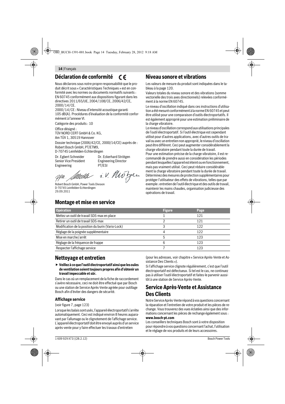 Déclaration de conformité, Niveau sonore et vibrations, Montage et mise en service nettoyage et entretien | Service après-vente et assistance des clients | Bosch GSH 11 VC Professional User Manual | Page 14 / 123