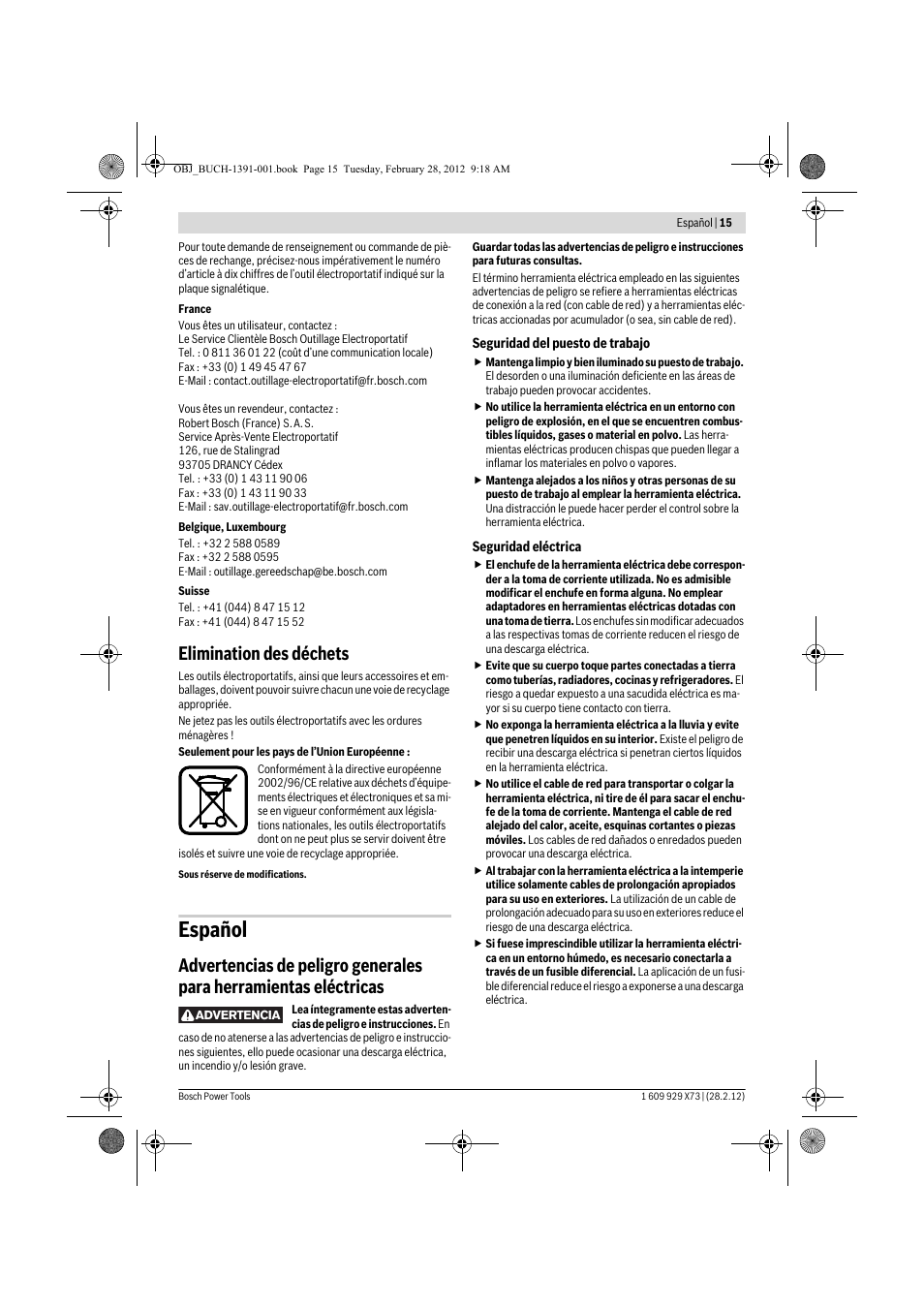 Español, Elimination des déchets | Bosch GSH 11 VC Professional User Manual | Page 15 / 123