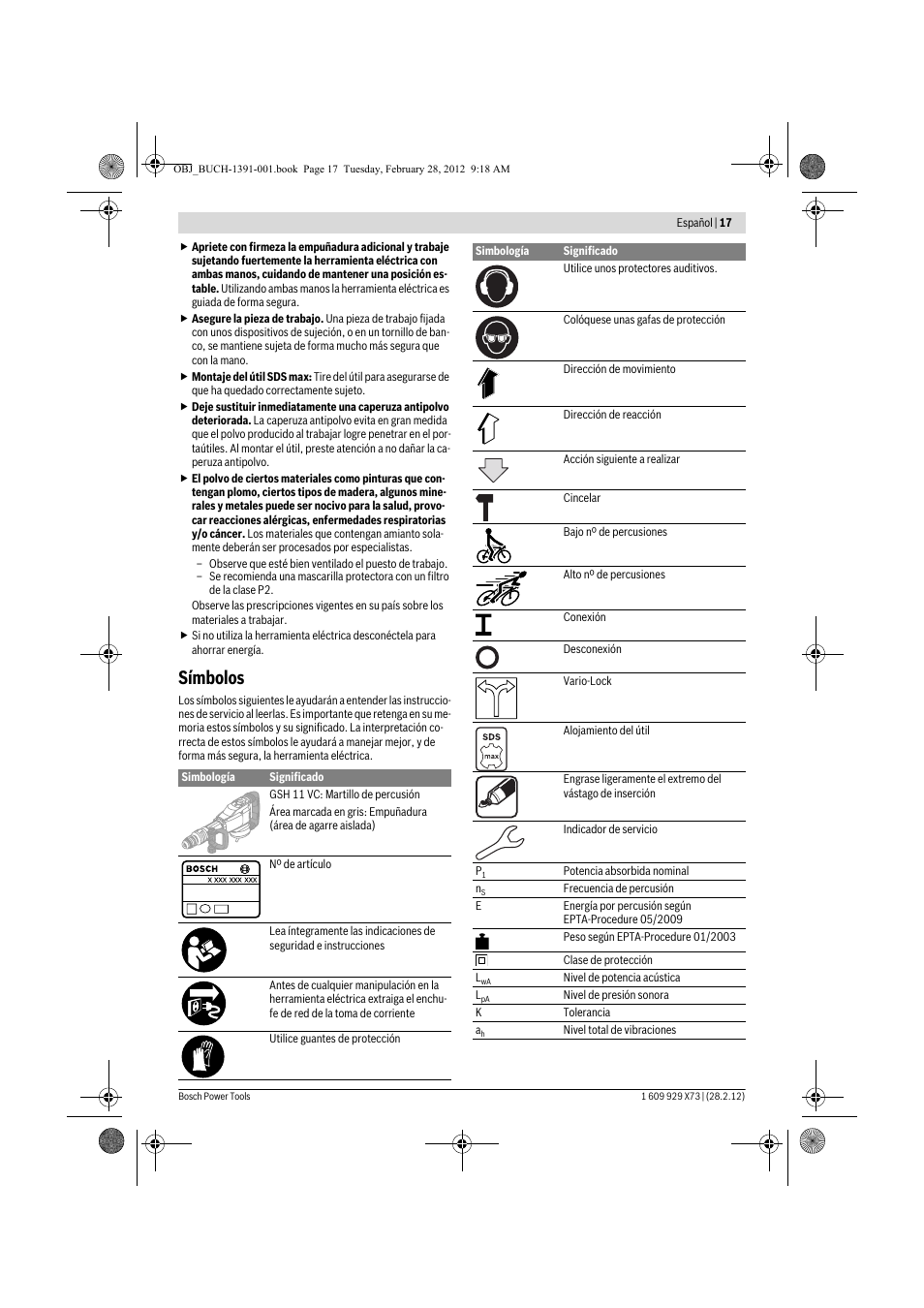 Símbolos | Bosch GSH 11 VC Professional User Manual | Page 17 / 123