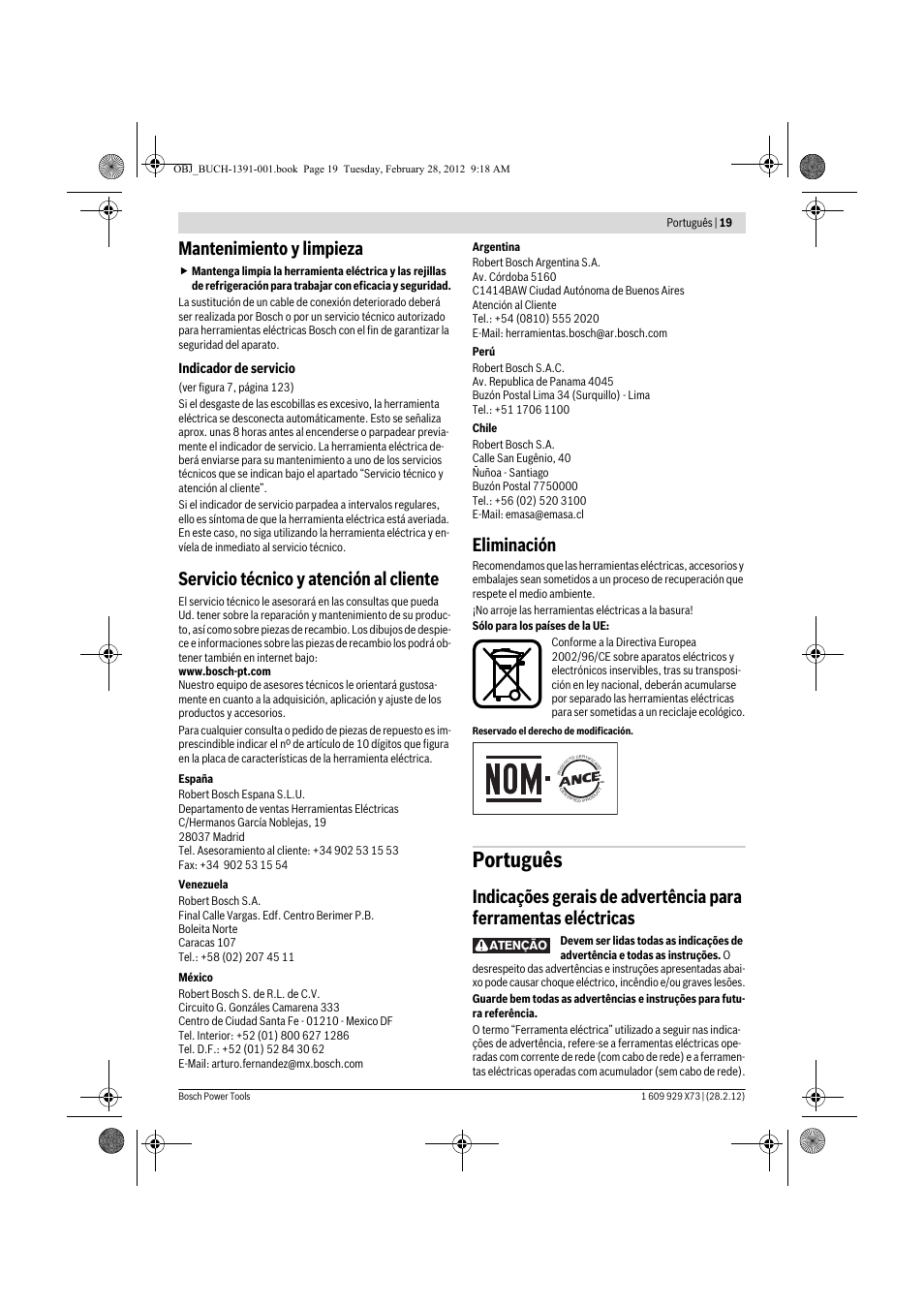 Português, Mantenimiento y limpieza, Servicio técnico y atención al cliente | Eliminación | Bosch GSH 11 VC Professional User Manual | Page 19 / 123