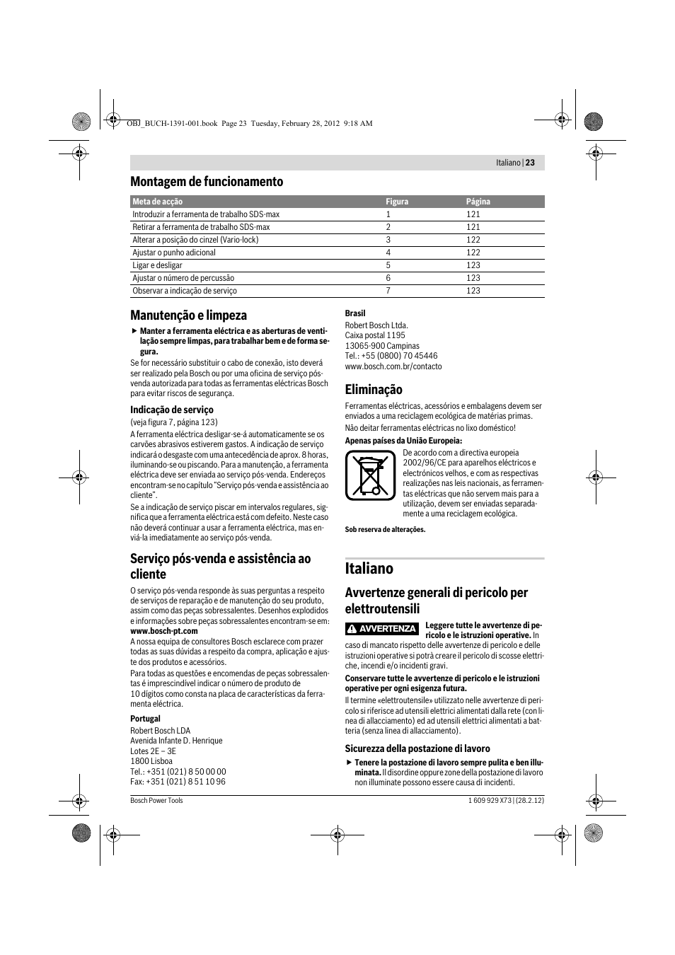 Italiano, Montagem de funcionamento manutenção e limpeza, Serviço pós-venda e assistência ao cliente | Eliminação | Bosch GSH 11 VC Professional User Manual | Page 23 / 123