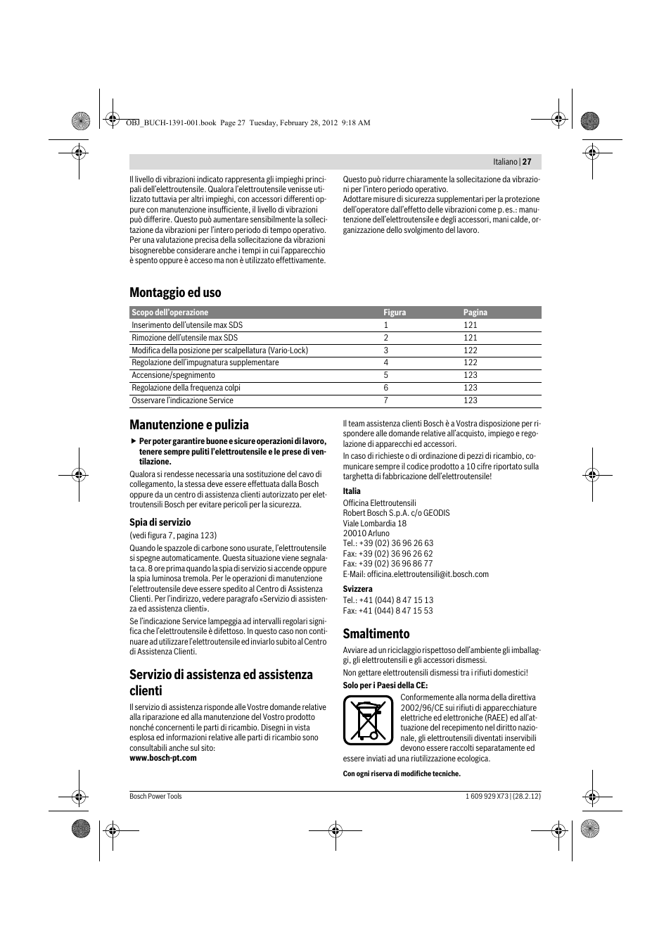 Montaggio ed uso manutenzione e pulizia, Servizio di assistenza ed assistenza clienti, Smaltimento | Bosch GSH 11 VC Professional User Manual | Page 27 / 123