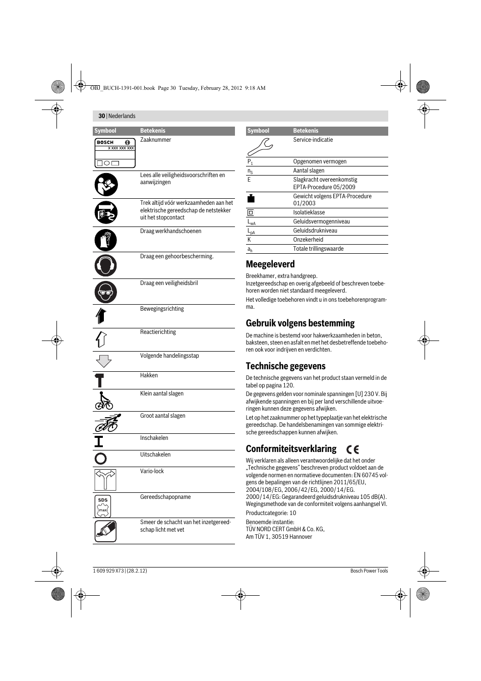 Meegeleverd, Gebruik volgens bestemming, Technische gegevens | Conformiteitsverklaring | Bosch GSH 11 VC Professional User Manual | Page 30 / 123