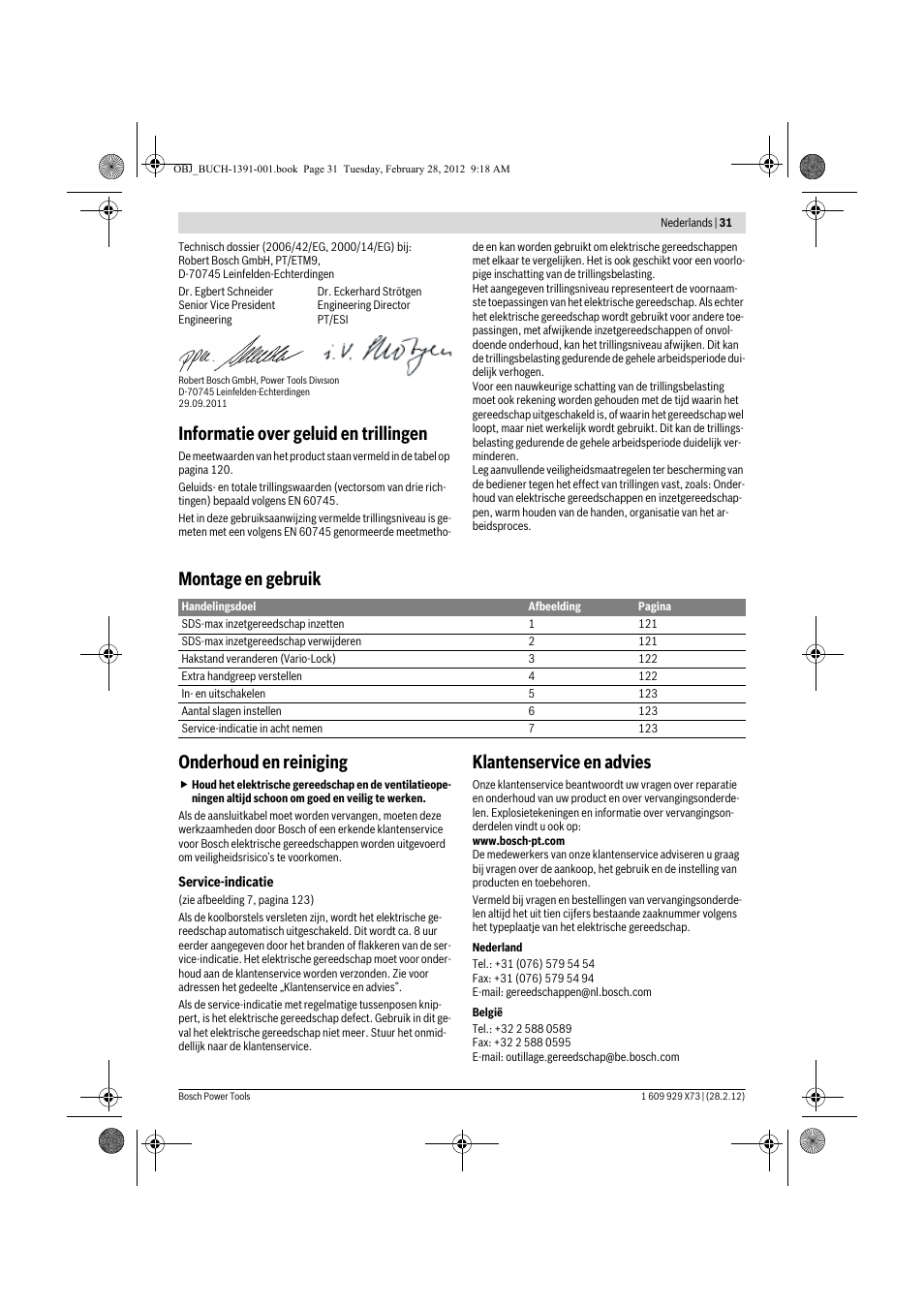 Informatie over geluid en trillingen, Montage en gebruik onderhoud en reiniging, Klantenservice en advies | Bosch GSH 11 VC Professional User Manual | Page 31 / 123