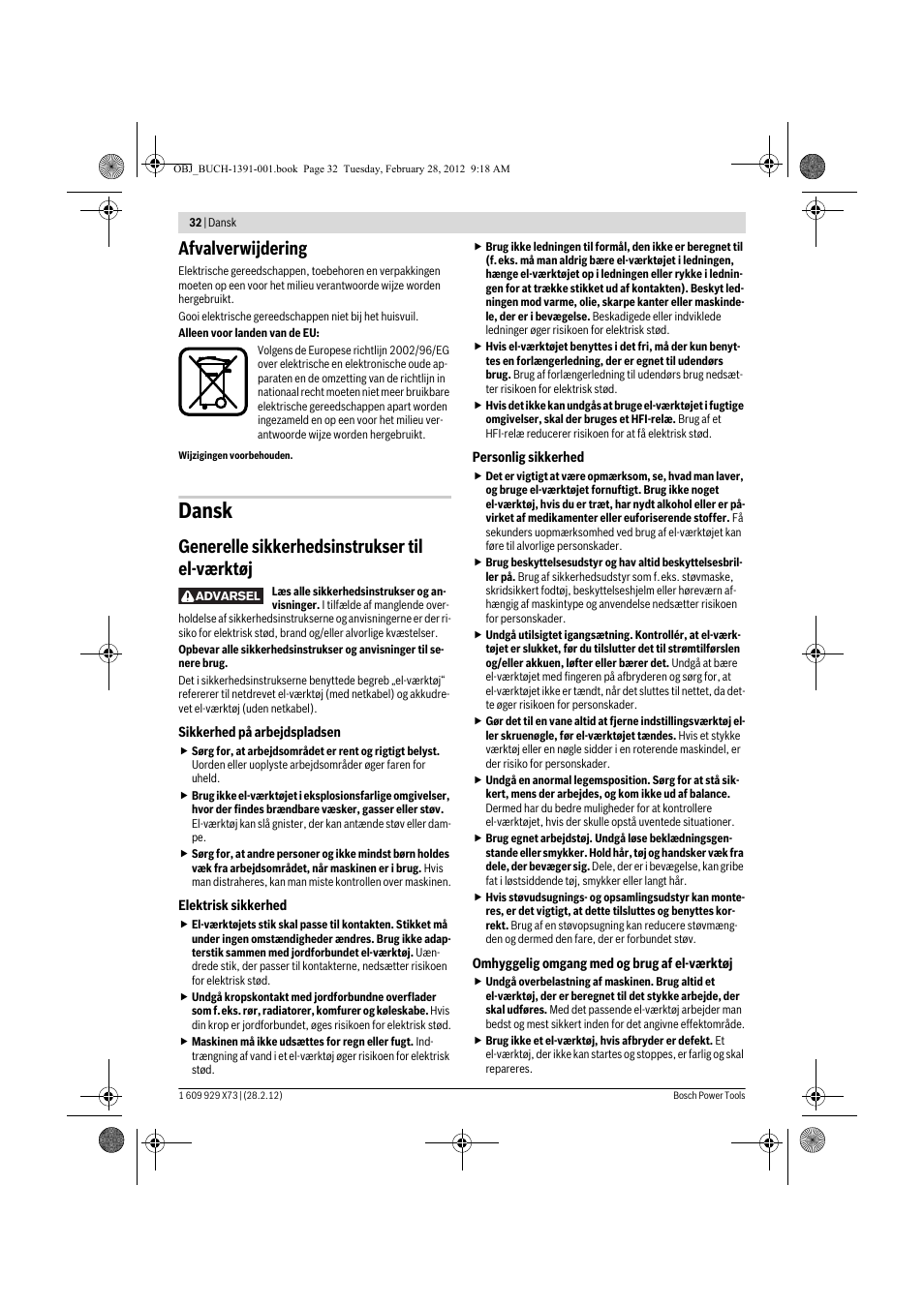 Dansk, Afvalverwijdering, Generelle sikkerhedsinstrukser til el-værktøj | Bosch GSH 11 VC Professional User Manual | Page 32 / 123