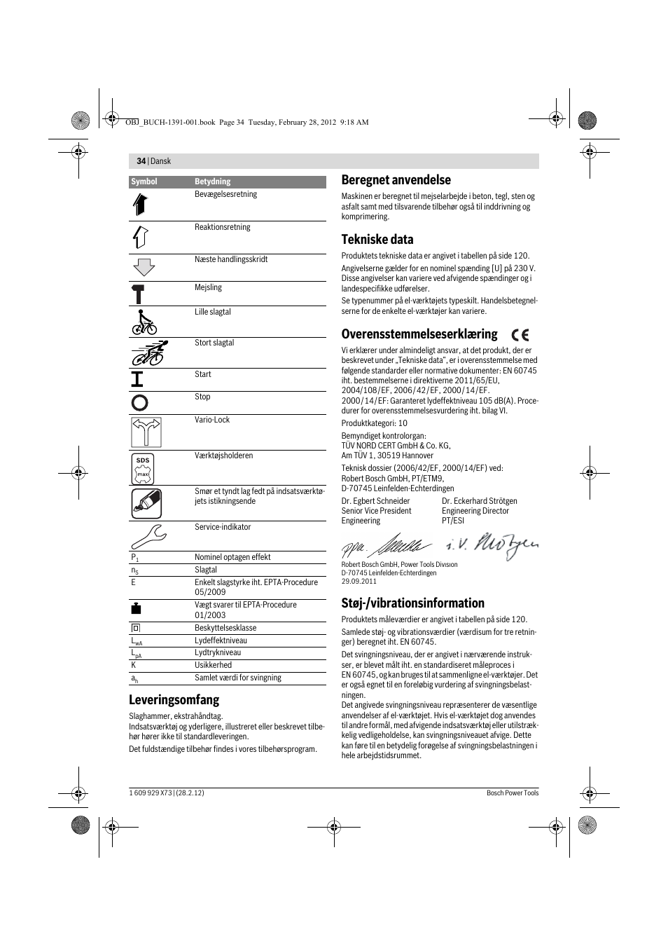 Leveringsomfang, Beregnet anvendelse, Tekniske data | Overensstemmelseserklæring, Støj-/vibrationsinformation | Bosch GSH 11 VC Professional User Manual | Page 34 / 123