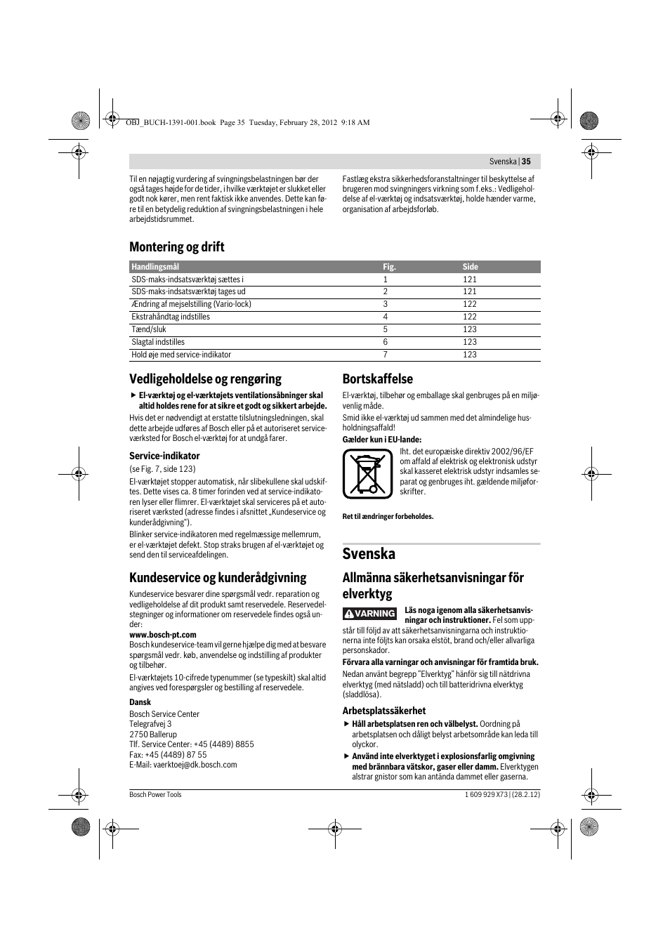 Svenska, Montering og drift vedligeholdelse og rengøring, Kundeservice og kunderådgivning | Bortskaffelse, Allmänna säkerhetsanvisningar för elverktyg | Bosch GSH 11 VC Professional User Manual | Page 35 / 123