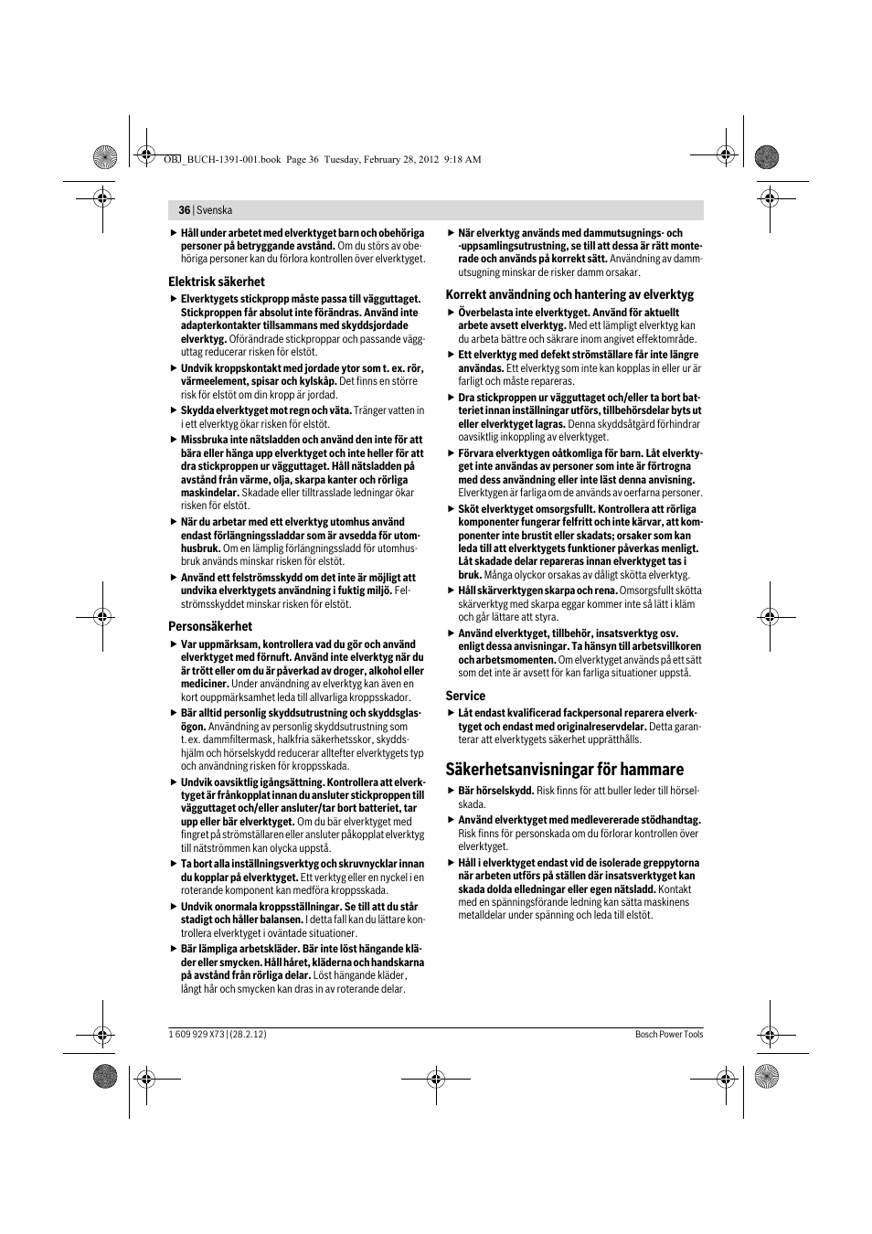 Säkerhetsanvisningar för hammare | Bosch GSH 11 VC Professional User Manual | Page 36 / 123