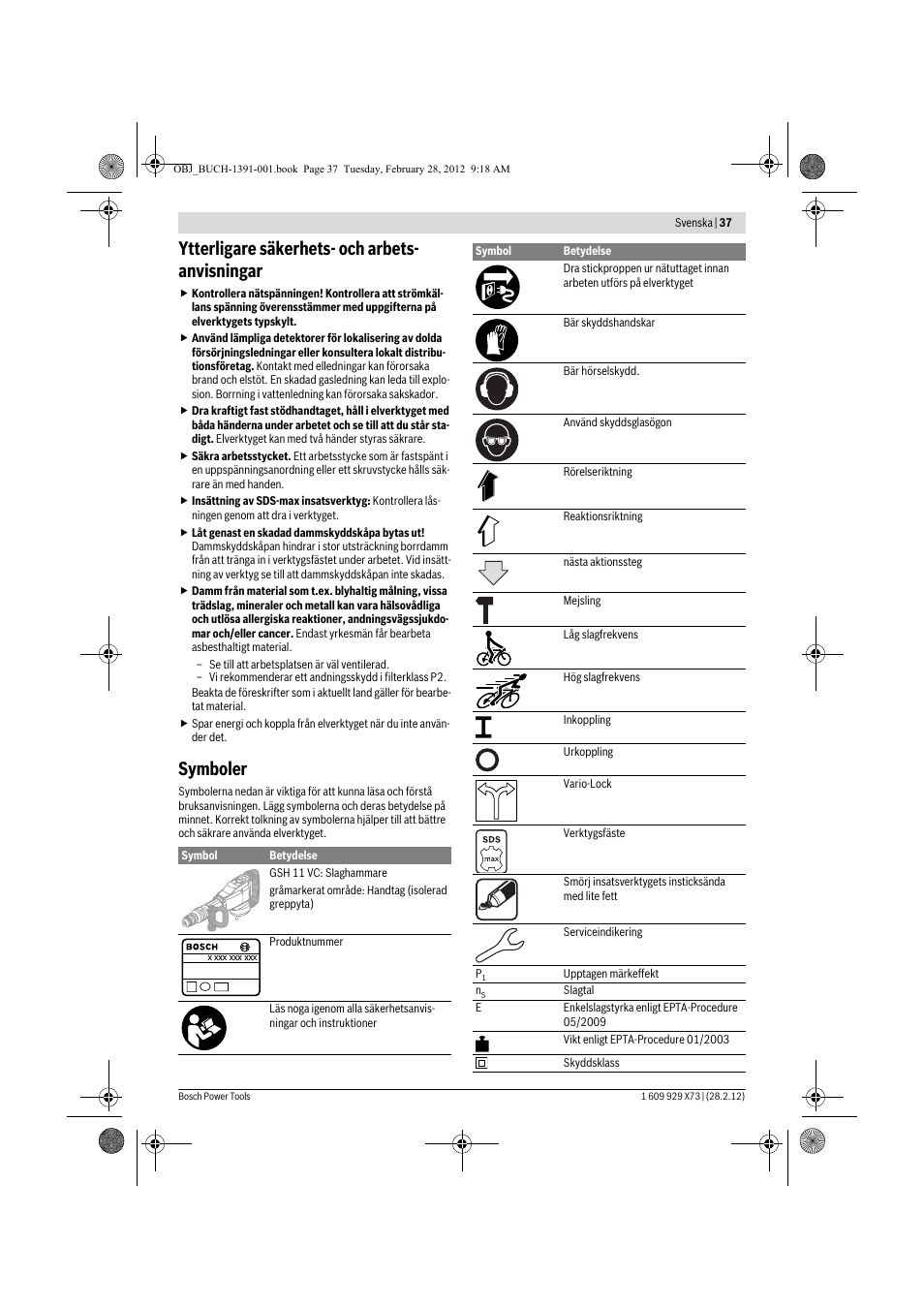 Ytterligare säkerhets- och arbets- anvisningar, Symboler | Bosch GSH 11 VC Professional User Manual | Page 37 / 123