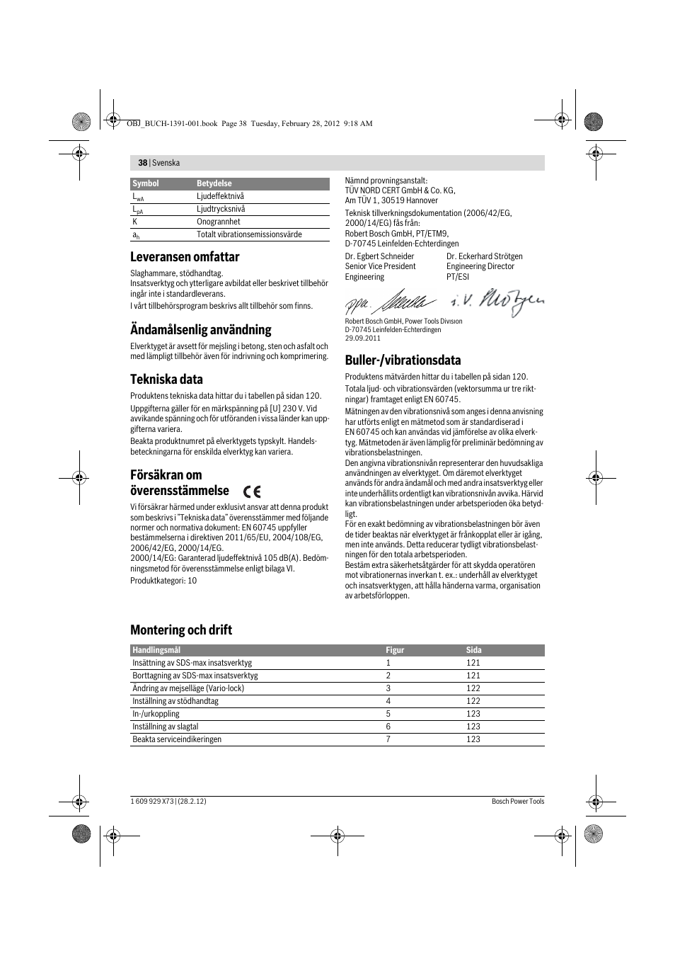 Leveransen omfattar, Ändamålsenlig användning, Tekniska data | Försäkran om överensstämmelse, Buller-/vibrationsdata, Montering och drift | Bosch GSH 11 VC Professional User Manual | Page 38 / 123