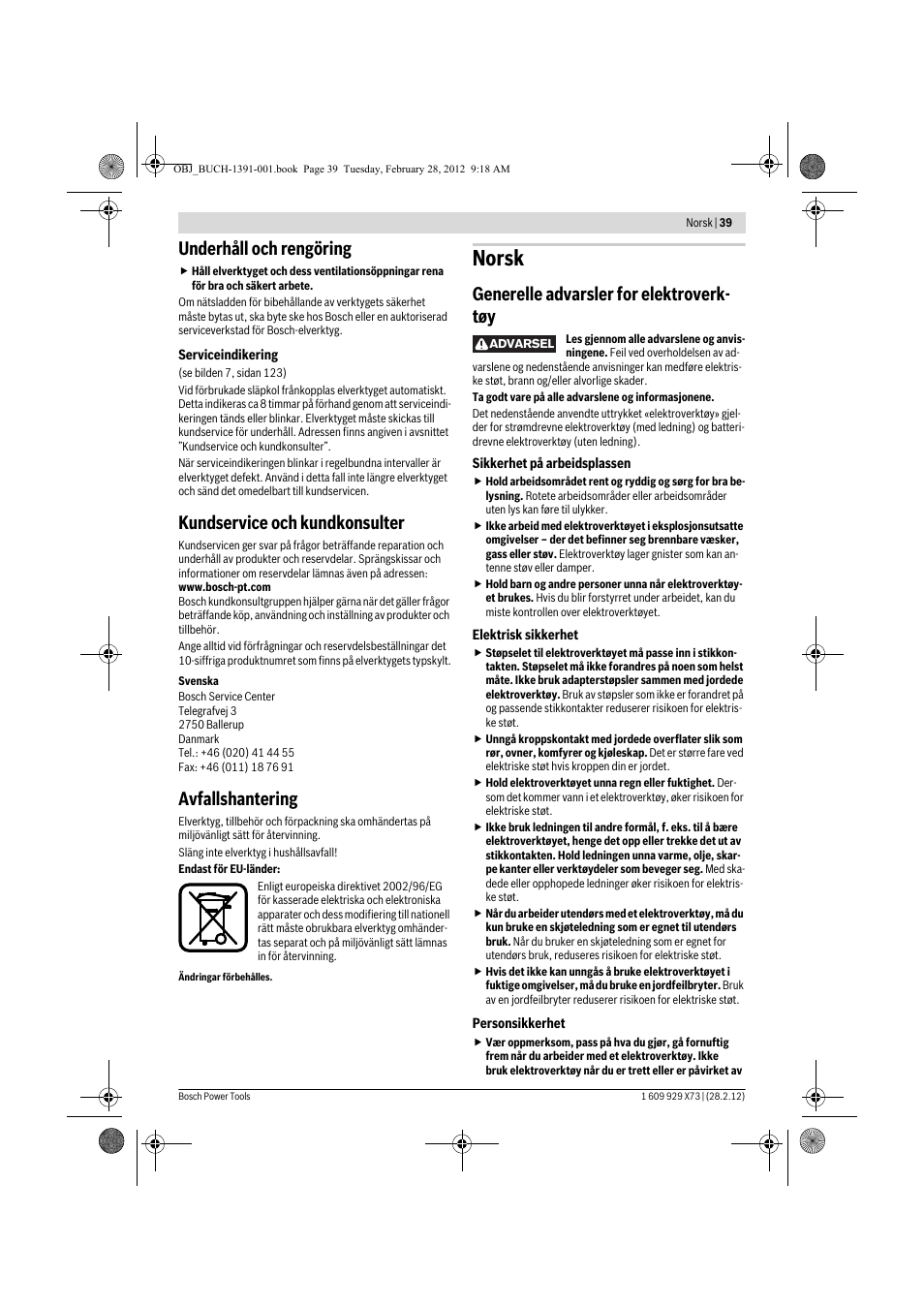 Norsk, Underhåll och rengöring, Kundservice och kundkonsulter | Avfallshantering, Generelle advarsler for elektroverk- tøy | Bosch GSH 11 VC Professional User Manual | Page 39 / 123