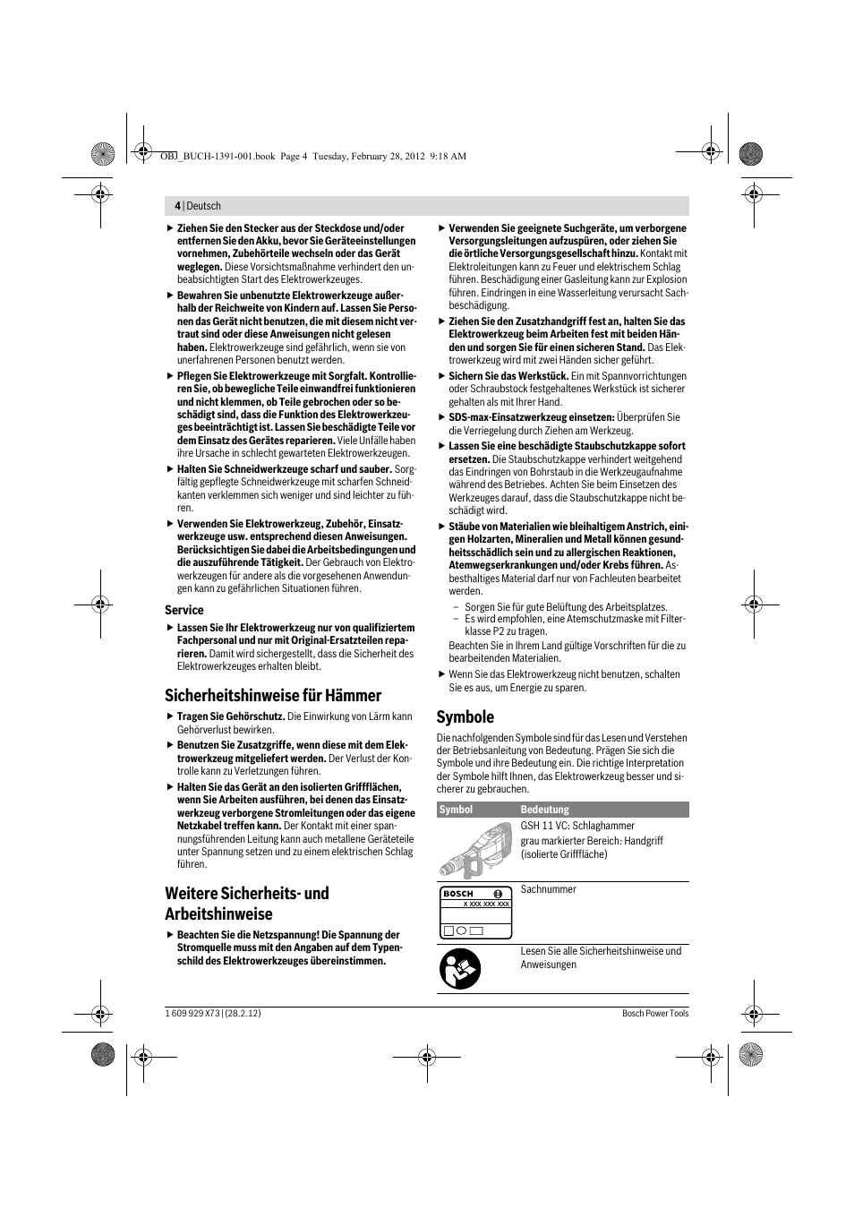 Sicherheitshinweise für hämmer, Weitere sicherheits- und arbeitshinweise, Symbole | Bosch GSH 11 VC Professional User Manual | Page 4 / 123