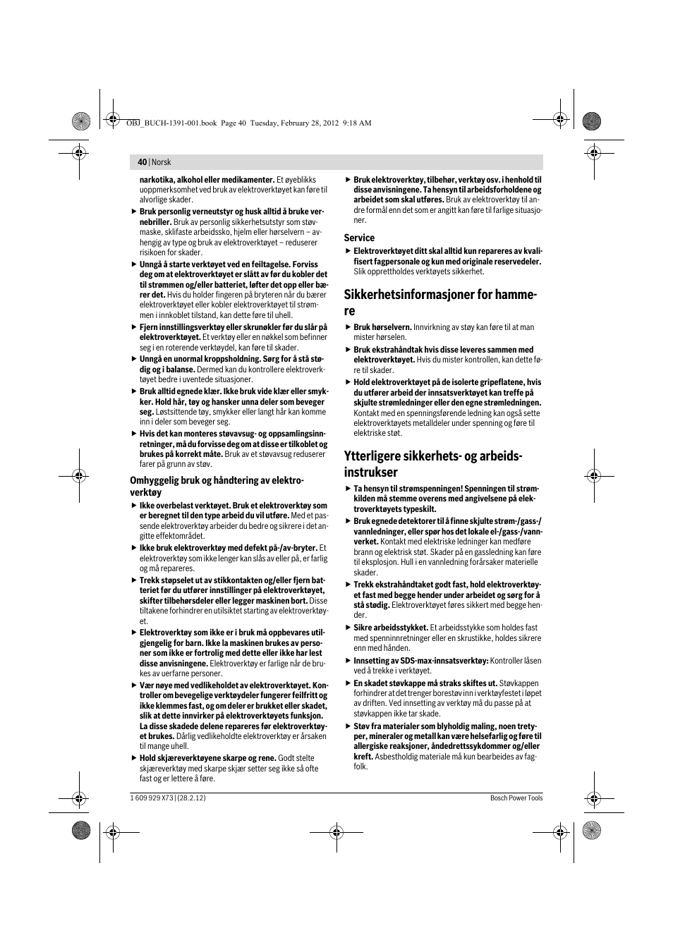 Sikkerhetsinformasjoner for hamme- re, Ytterligere sikkerhets- og arbeids- instrukser | Bosch GSH 11 VC Professional User Manual | Page 40 / 123