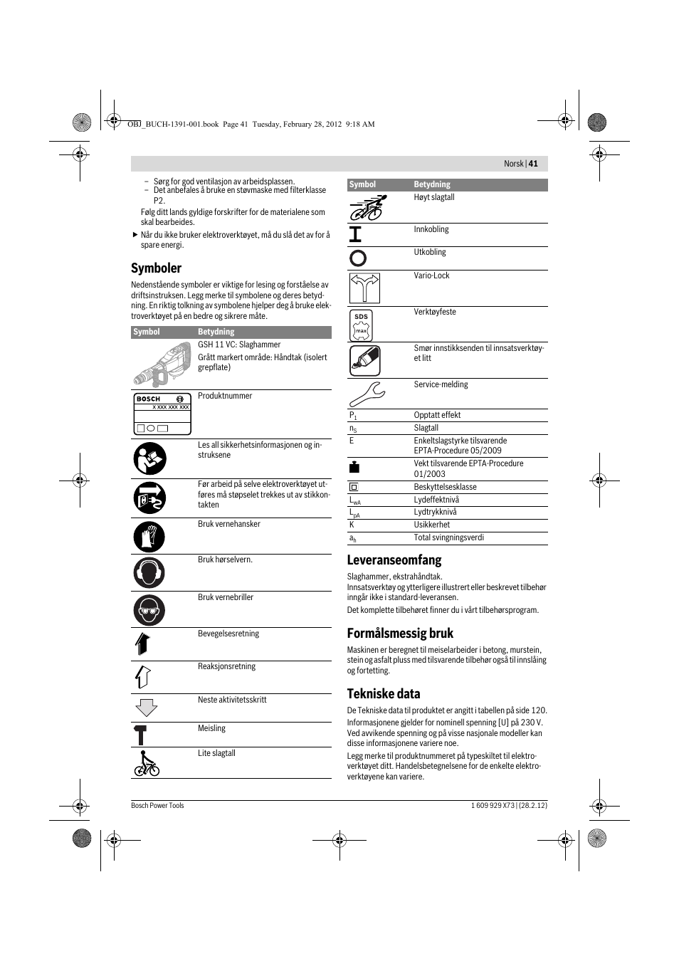 Symboler, Leveranseomfang, Formålsmessig bruk | Tekniske data | Bosch GSH 11 VC Professional User Manual | Page 41 / 123