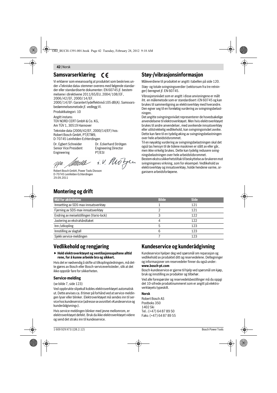 Samsvarserklæring, Støy-/vibrasjonsinformasjon, Montering og drift vedlikehold og rengjøring | Kundeservice og kunderådgivning | Bosch GSH 11 VC Professional User Manual | Page 42 / 123