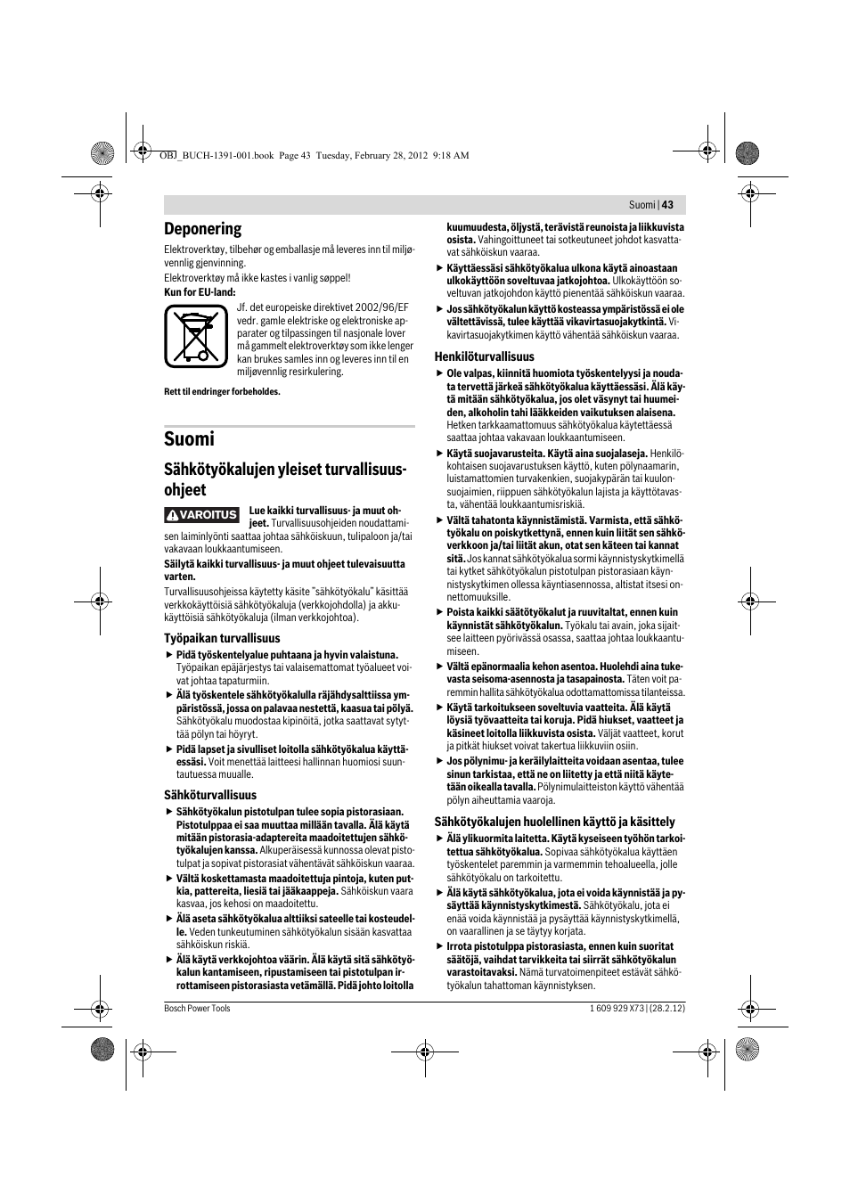 Suomi, Deponering, Sähkötyökalujen yleiset turvallisuus- ohjeet | Bosch GSH 11 VC Professional User Manual | Page 43 / 123