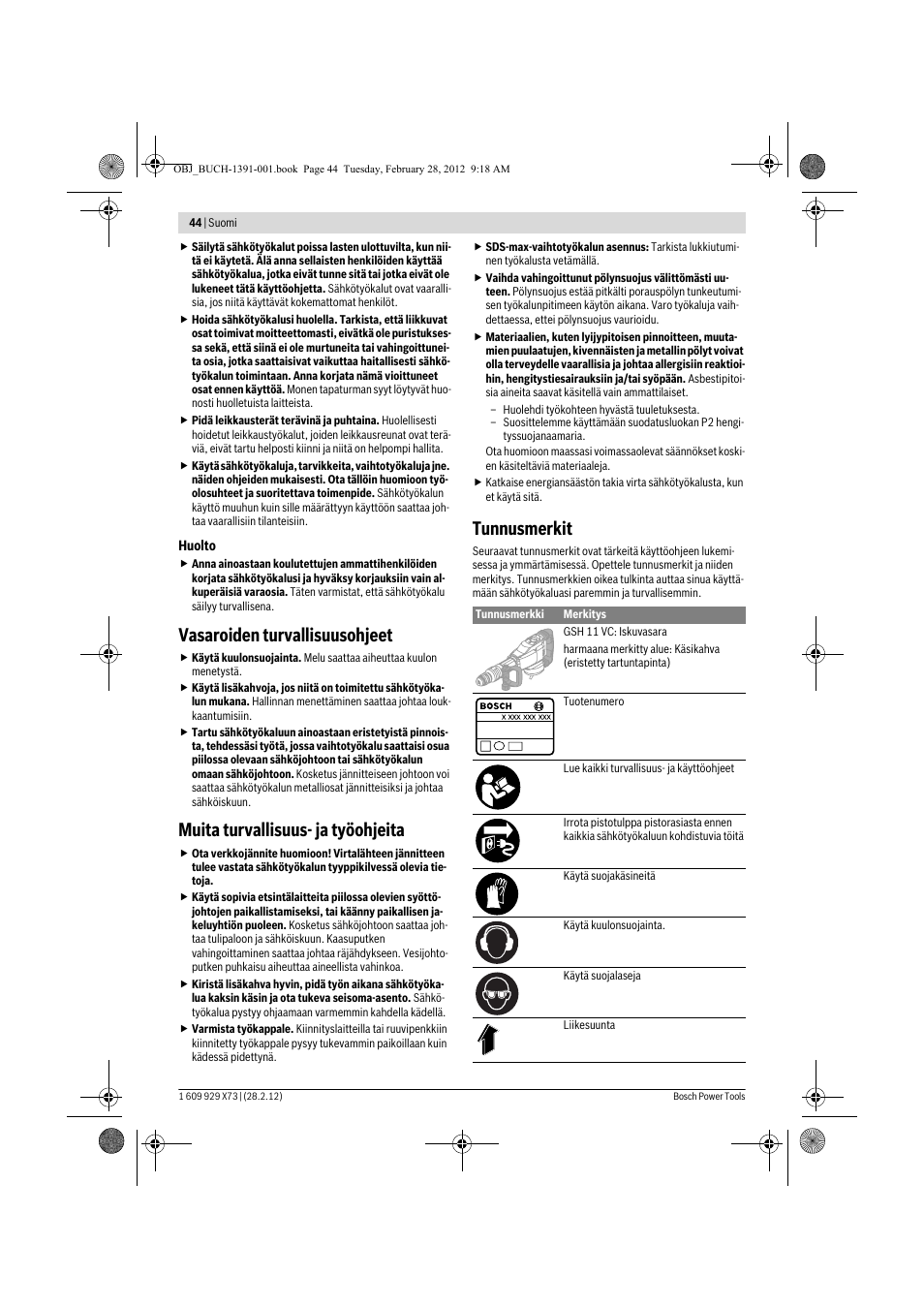 Vasaroiden turvallisuusohjeet, Muita turvallisuus- ja työohjeita, Tunnusmerkit | Bosch GSH 11 VC Professional User Manual | Page 44 / 123