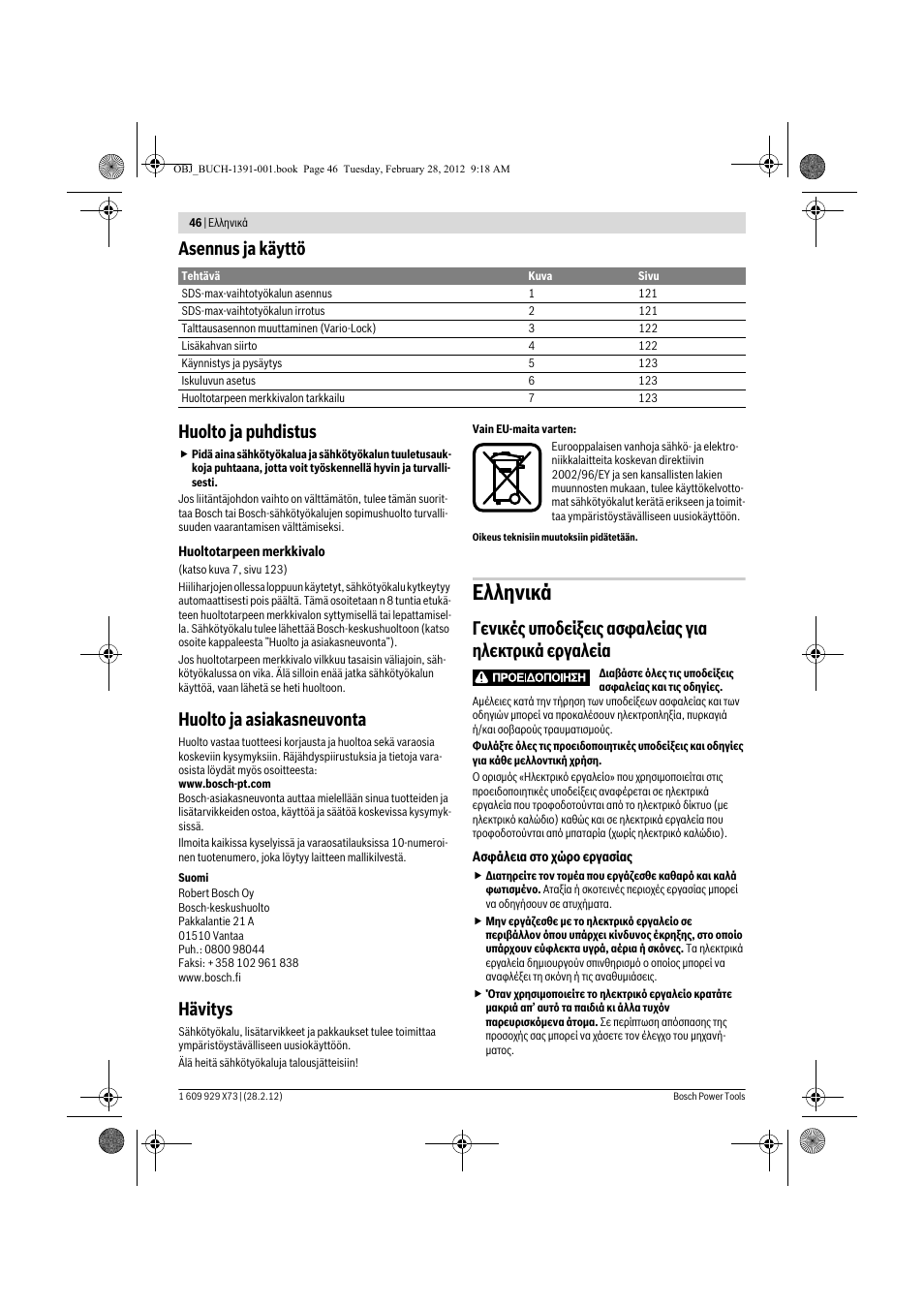 Еллзнйкь, Asennus ja käyttö huolto ja puhdistus, Huolto ja asiakasneuvonta | Hävitys | Bosch GSH 11 VC Professional User Manual | Page 46 / 123