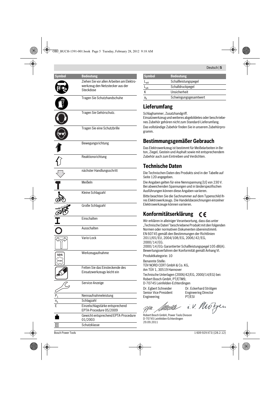 Lieferumfang, Bestimmungsgemäßer gebrauch, Technische daten | Konformitätserklärung | Bosch GSH 11 VC Professional User Manual | Page 5 / 123