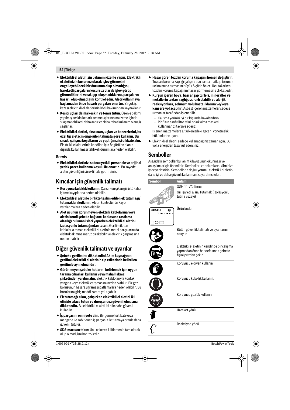 K r c lar için güvenlik talimat, Diğer güvenlik talimat ve uyar lar, Semboller | Bosch GSH 11 VC Professional User Manual | Page 52 / 123