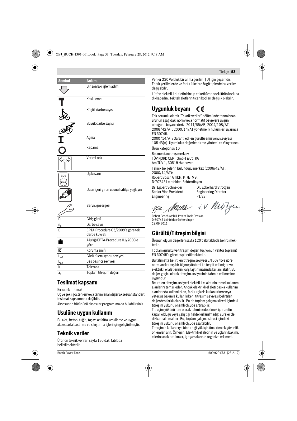 Teslimat kapsam, Usulüne uygun kullan m, Teknik veriler | Uygunluk beyan, Gürültü/titreşim bilgisi | Bosch GSH 11 VC Professional User Manual | Page 53 / 123