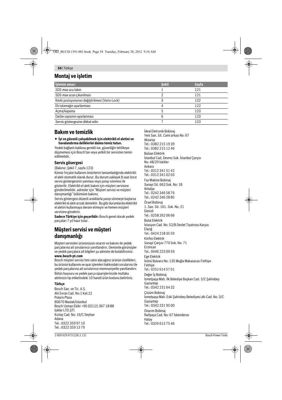 Montaj ve işletim bak m ve temizlik, Müşteri servisi ve müşteri dan şmanl ğ | Bosch GSH 11 VC Professional User Manual | Page 54 / 123