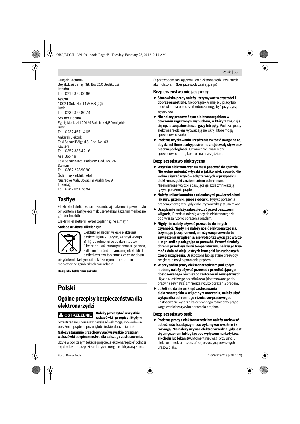 Polski, Tasfiye, Ogólne przepisy bezpieczeństwa dla elektronarzędzi | Bosch GSH 11 VC Professional User Manual | Page 55 / 123